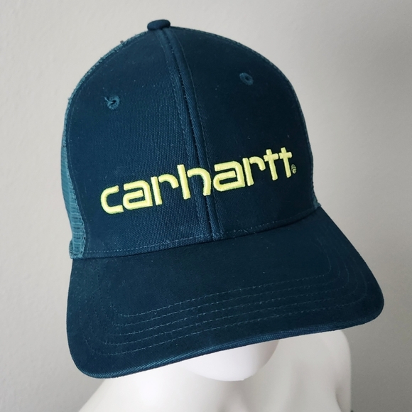 Carhartt Snapback Trucker Hat, Adjustable Back, Blue With Neon Yellow Logo, EUC - Picture 1 of 13